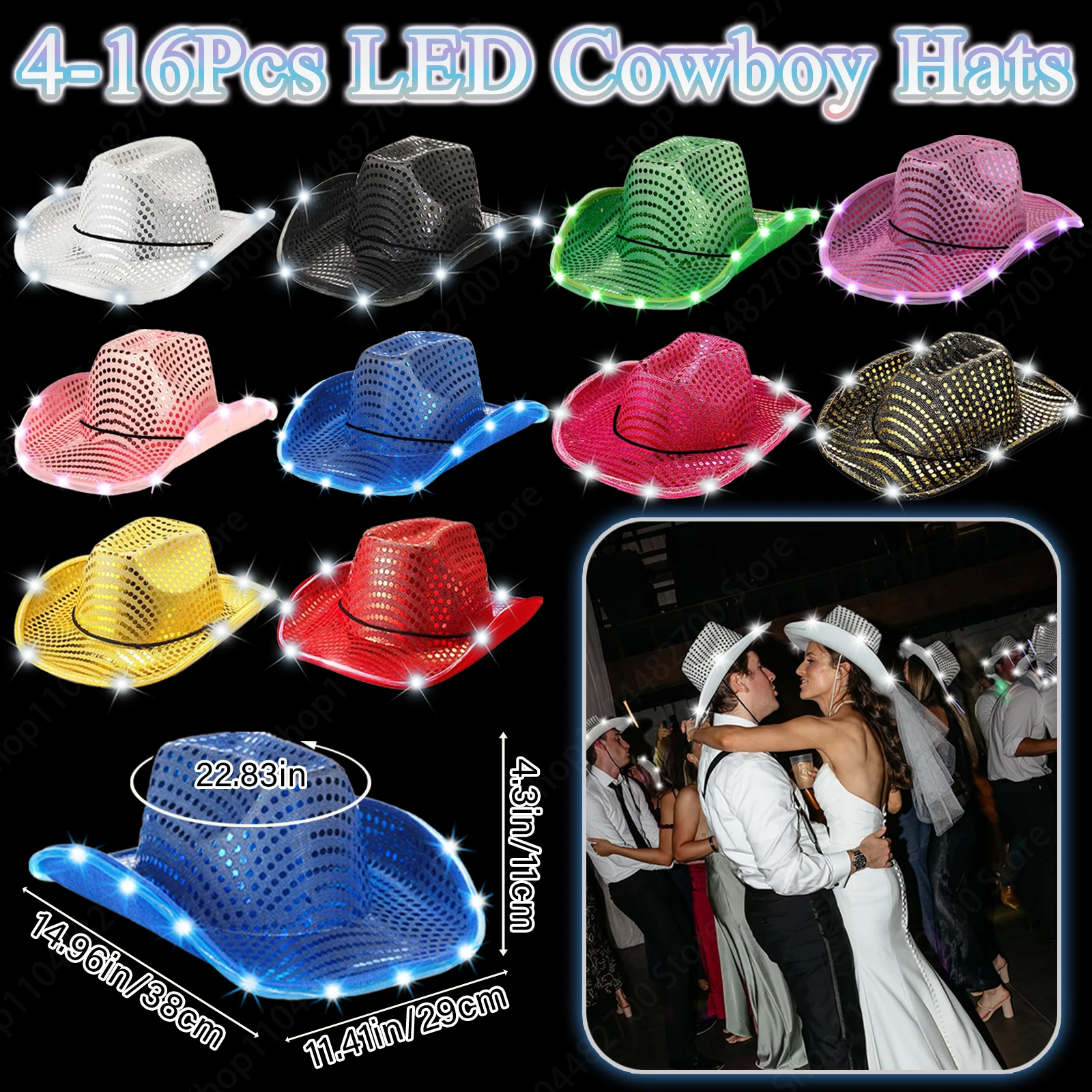 Party Hat Cone - 4/6/8/10/12/16개 LED 카우보이 모자 세트, 웨딩