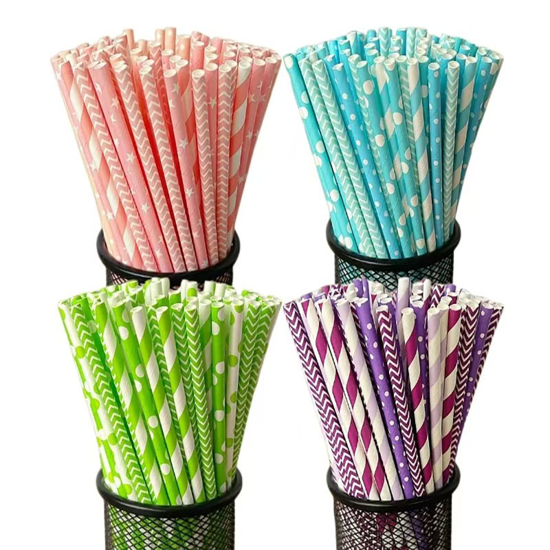 Paper Straw Color - 100개의 일회용 생분해성 줄무늬 종이 빨대