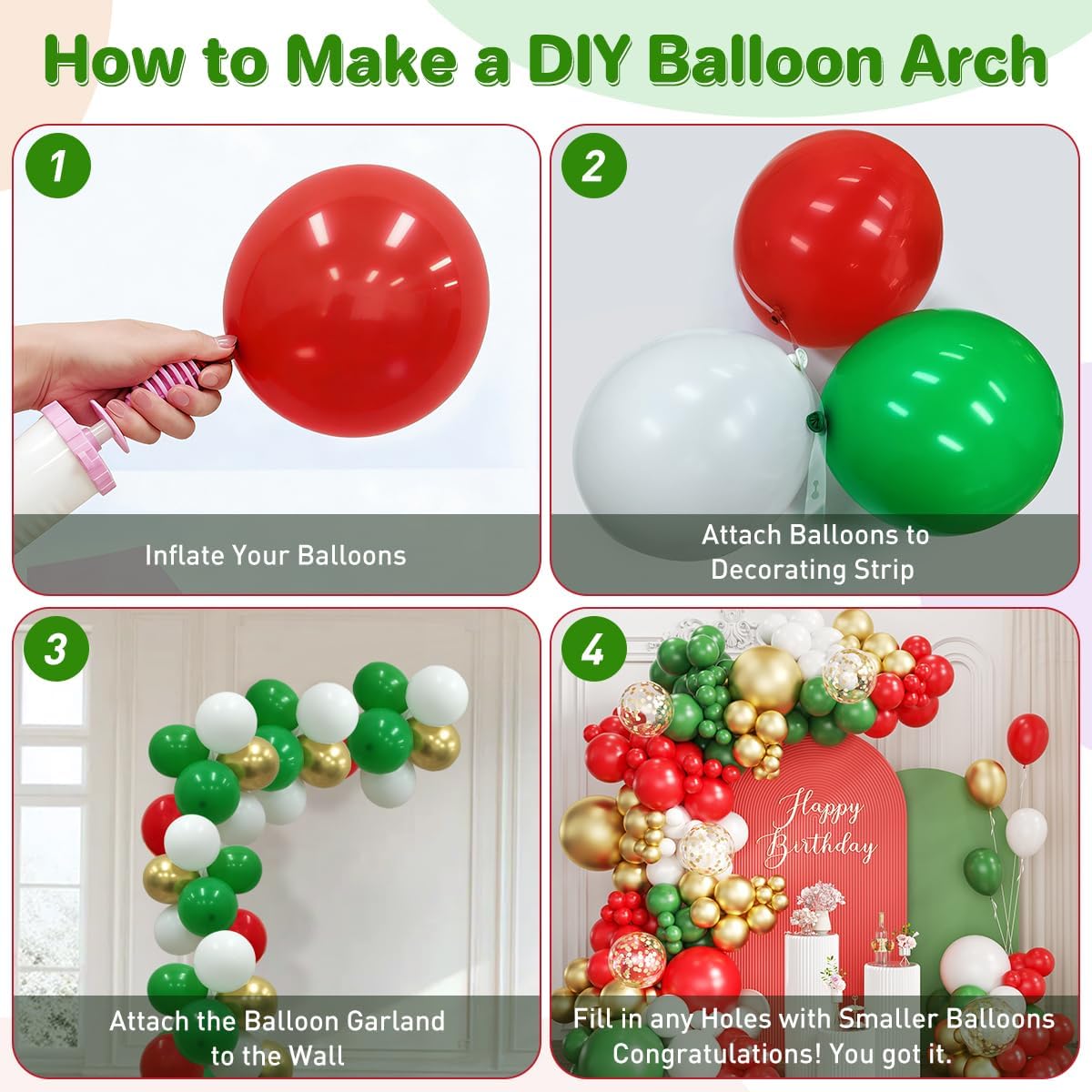 빨간색, 흰색, 녹색, 금색 풍선 아치 키트, 167개 - Balloon Arch Kit 리뷰 및 가격